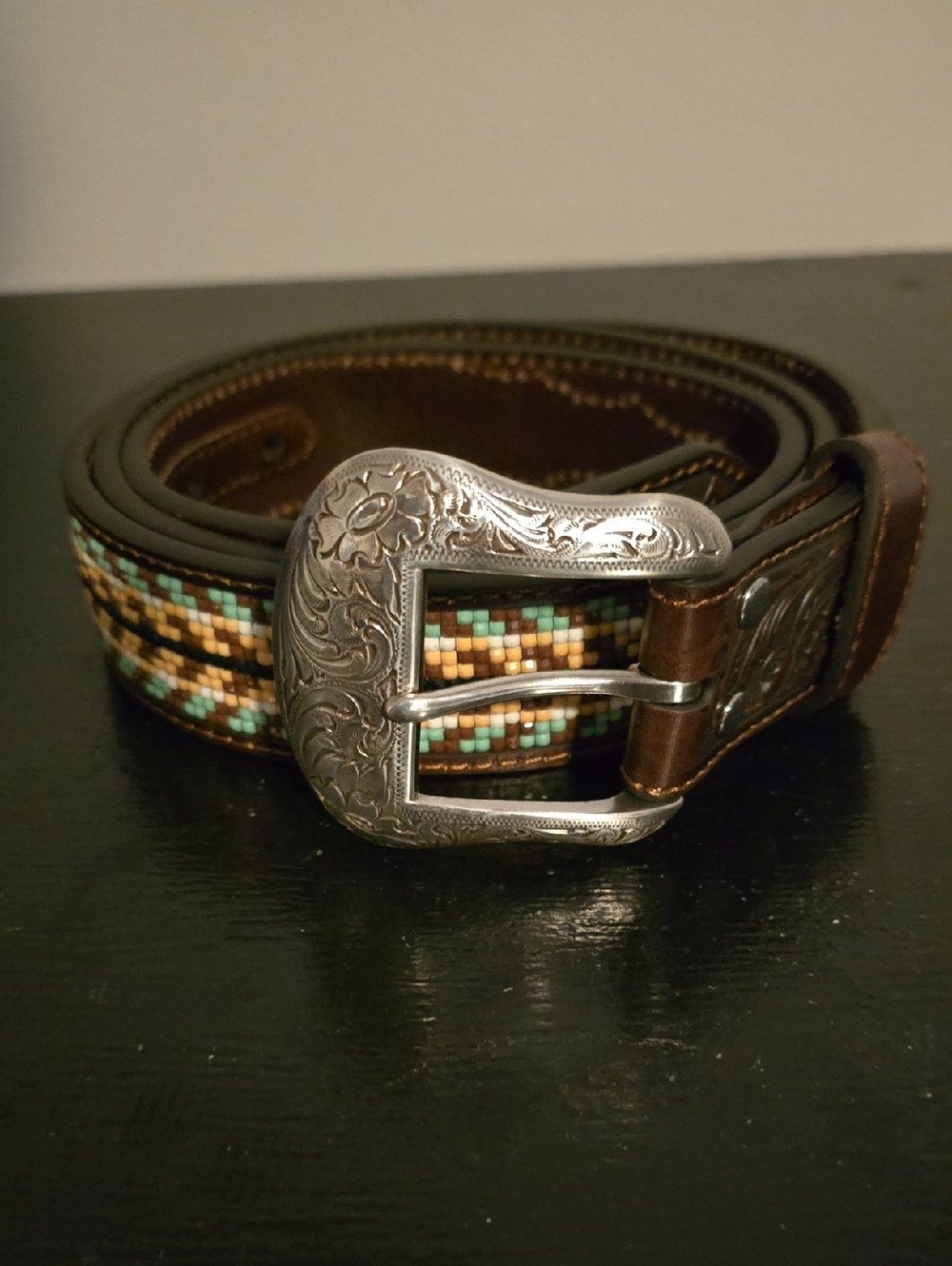 Womens Size 44 Beaded Leather Western Belt with Engraved Silver Buckle